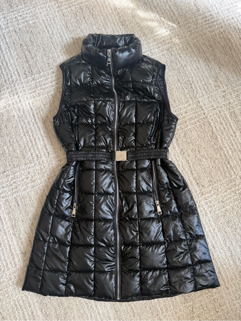 Shiny Black Quilted Belted Puffer Vest